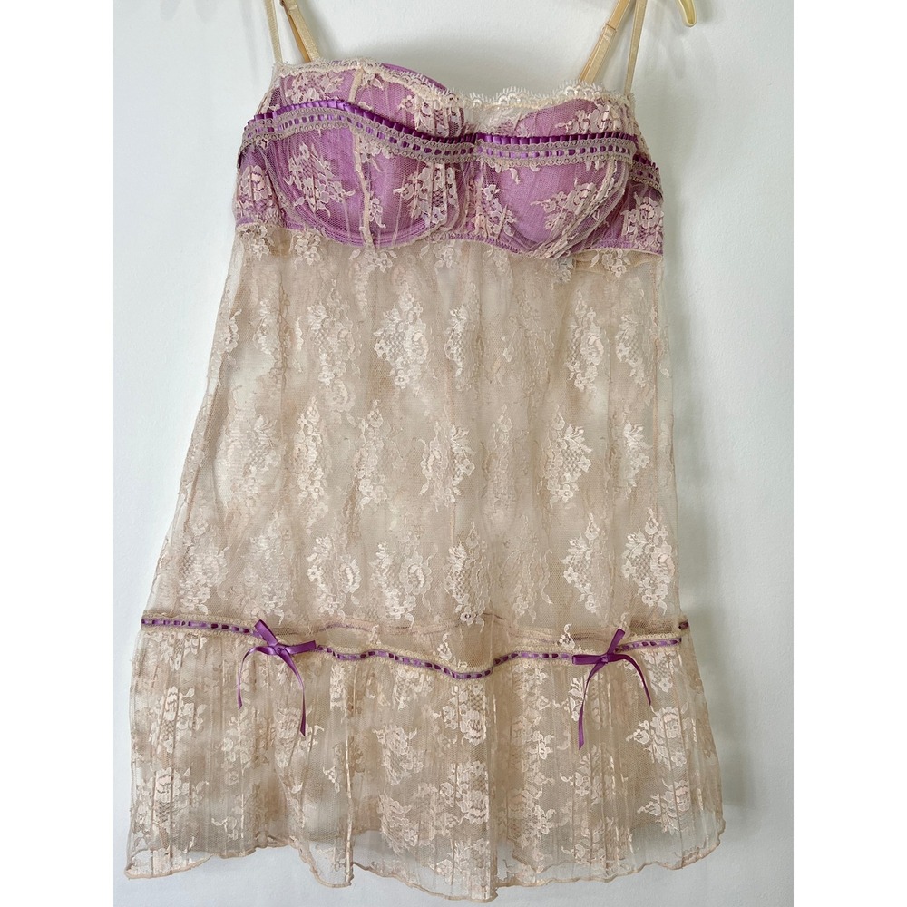 Delicates Women XL Floral Lace Babydoll Chemise Purple Cream Underwire Bows